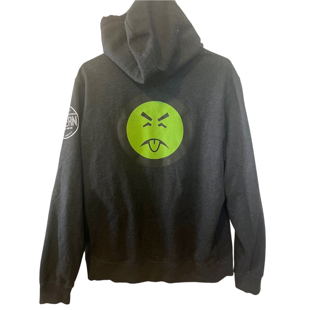 District Black Zip-Up Hoodie with Neon Green Emoticon Back Graphic